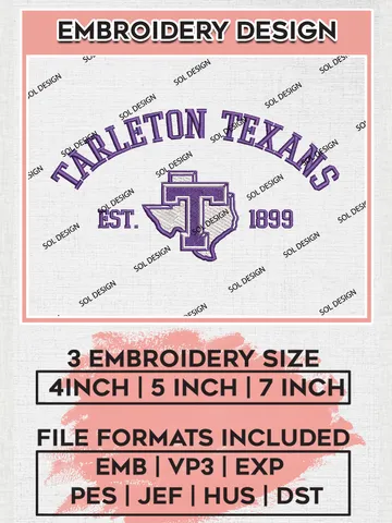 Tarleton State Texans Est 1899 Embroidery Designs, NCAA Tarleton State Texans Team Embroidery, NCAA Team Logo, 3 sizes, Machine embroidery Files, Digital Download $6.99