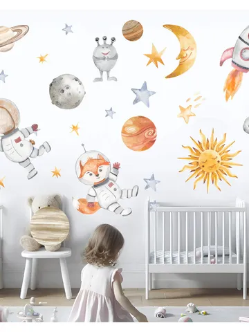 Planets Wall Decal Space Stickers Rocket Sun Peel and stick el6 $27.99