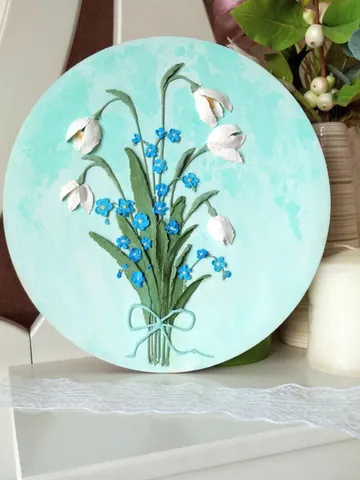Bouquet of forget-me-nots and snowdrops painting Floral painting gift Home decor Roud painting with 3D forget-me-nots and snowdrops Wall decor for Gift for woman Floral painting Wildflower Home decor Mom gift $98.00