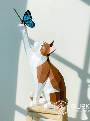 Papercraft Cat With Butterfly, Digital Template, PDF Download, Gurko, LowPoly, Pepakura, Origami Sculpture, Paper Party Decoration, DIY Gift $18.00
