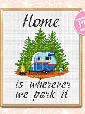 Camping cross stitch pattern PDF download Home is wherever we park it, Travel cross stitch chart, Camping pattern digital PDF #Q63 $4.60