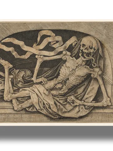 The frightening art of death: a skeleton in the crypt. $21.00