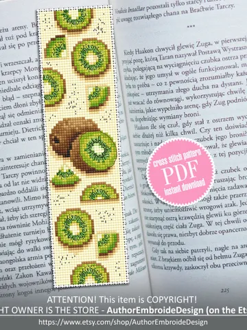 Bookmark kiwi fruit cross stitch pattern PDF download Summertime bookmark for kids, Handmade bookmark cross stitch Kiwi embroidery PDF #B142 $4.40