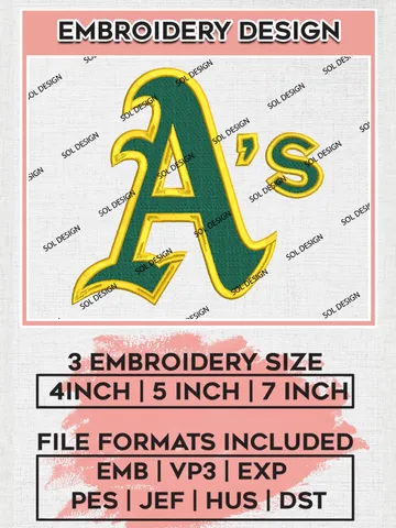 Oakland Athletics Logo Embroidery Designs, MLB Oakland Athletics Embroidery Design, MLB Embroidery Design Files, MLB Logo, 3 sizes, Machine embroidery Files, Digital Download $6.99