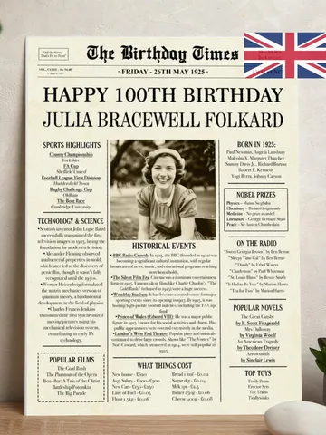 100th Birthday Newspaper UK, 1925 Birthday Poster, British 100th Birthday Gift, Back in 1925 Sign UK, 100 Years Ago United Kingdom $15.00