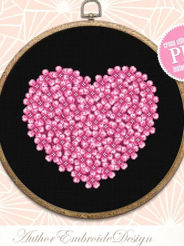 Flower heart cross stitch pattern PDF download Pink flowers cross stitch chart digital, Floral heart ornament for hand embroidery PDF #P37 $4.00