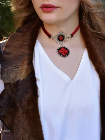 Cherry red velvet choker Folk Ukrainian jewelry namysto dukach Black goth cross necklace statement
