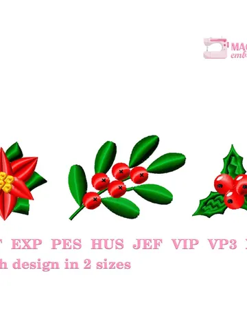 Mini Christmas embroidery designs Machine embroidery pattern 2 size, Poinsettia embroidery file, Holly berry embroidery design #R2 $3.45