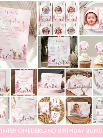 Winter Onederland First Birthday Bundle 1st Birthday Invitation Winter Onederland Girl Decorations, Polar Bear Arctic Animals, EDITABLE i123 $40.00