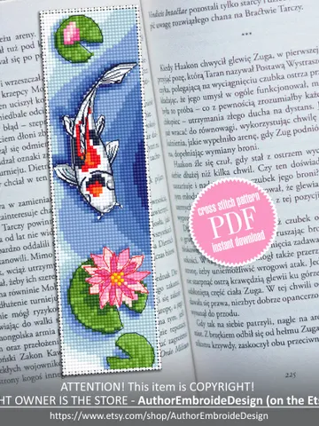 Bookmark cross stitch pattern download PDF Cute Handmade bookmark digital PDF Koi pond cross stitch Japanese koi fish Nature lover gift #B77 $4.40