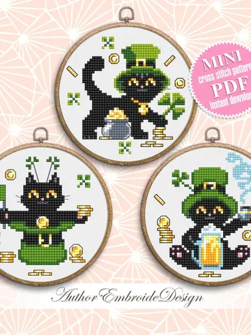 St Patrick day cat cross stitch pattern PDF download Cat holiday cards cross stitch chart, Black cat pattern digital PDF Cat lover gift #T40 $5.00