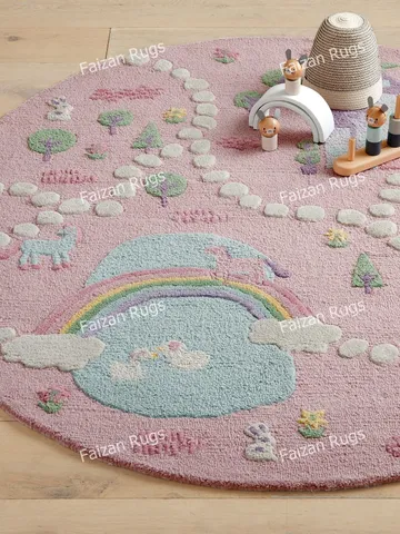 Buy Unicorn Castle Pink Round Hand Woven 100% Wool Rugs for kids room l Living room l Bed room in Various size 4x4 l 5x5 l 6x6 l 7x7 l 8x8 $781.97