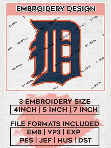 MLB Detroit Tigers D Word Logo Embroidery Files, MLB Detroit Tigers Team Embroidery, NCAA Teams, 3 sizes, MLB Machine embroidery designs, Digital Download $6.99