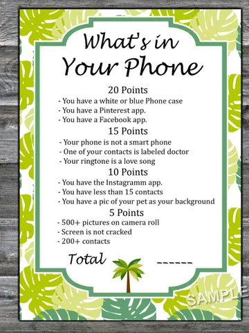 Jungle themed What's in Your Phone Birthday Party Game,Tropical Adult Birthday party game-fun games for her $1.75
