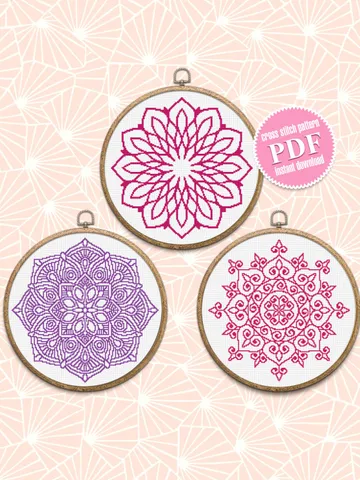 Mandala set cross stitch pattern download PDF, Monochrome mandala hand embroidery PDF, Floral ornament cross stitch chart, Home decor #S26 $11.20
