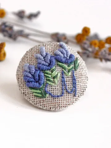 Handmade monogram brooch with letter Lavender flower tiny custom initial pin Linen 4th anniversary gift for wife Miniature textile jewelry $35.00