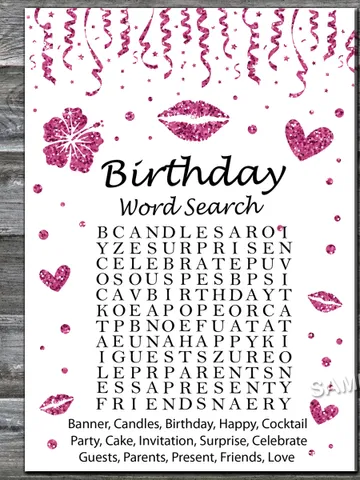 Pink glitter Birthday Word Search Game,Adult Birthday party game-fun games for her-Instant download $1.75