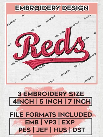 MLB Reds Wordmark Logo Embroidery Files, MLB Cincinnati Reds Team Embroidery, MLB Teams, 3 sizes, MLB Machine embroidery designs, Digital Download $6.99