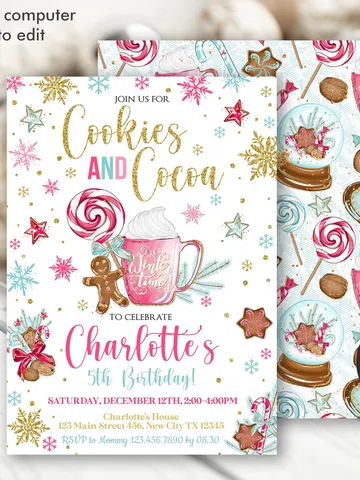 Cookies and Cocoa Birthday Invitation Girl Winter Time Birthday Invitation, Gingerbread Invitation, Editable Template $7.00