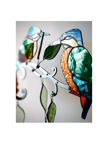 Kingfishers on a Birch Branch – Tiffany Stained Glass on Metal Base, Stained Glass Kingfishers on Metal Frame – Handmade Artwork, Tiffany Stained Glass Birds on Birch Branch – Wall Hanging, Artistic Stained Glass Kingfishers – Tiffany Technique Creation $125.00