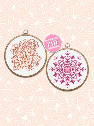 Mandala set cross stitch pattern download PDF, Monochrome mandala embroidery, Floral ornament cross stitch chart, Mandala digital PDF #S19 $7.70