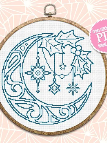 Christmas moon cross stitch pattern download PDF Mandala moon embroidery Monochrome mandala digital Merry Christmas cross stitch chart #M163 $4.50