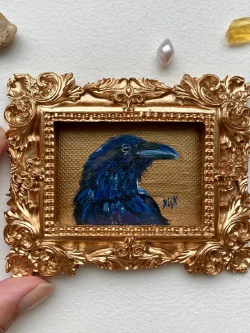 Framed Raven Painting Small Original Corvid Artwork Crow Art Tiny Oil Painting Framed Bird Painting $78.00