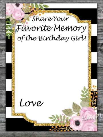 Black White Striped Favorite Memory of the Birthday Girl,Adult Birthday party game-fun games for her-Instant download $1.75