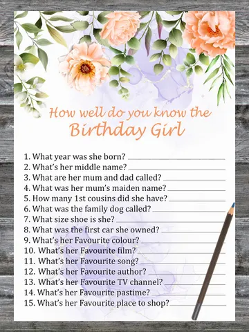 Pastel Flowers How well do you know the birthday girl,Adult Birthday party game-fun games for her-Instant download $1.75