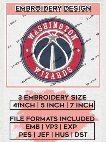 Washington Wizards NBA Basketball Team Logo Embroidery Design, NBA Washington Wizards Logo Embroidery Files, Basketball Team Machine Embroidery, Machine Embroidery Design