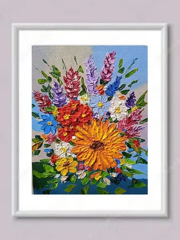 Oil Painting Bright Flowers Chamomile Sunflowers Impasto Art Miniature 15x20 cm $42.40