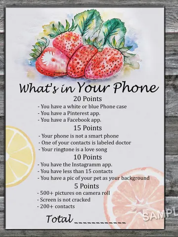 Strawberry What's in Your Phone Birthday Party Game,Adult Birthday party game-fun games for her-Instant download