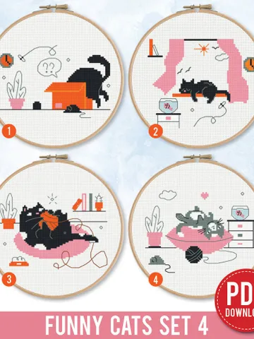 Funny Cat stitch pattern Bundle of 4 ornament Kitten decor Holiday cross stitch pattern, counted, chart, gift DIY, embroidery, instant PDF $7.11