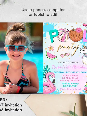Pool Party Invitation Girl with Photo, Pool Party Unicorn Invitation Instant Download, Swimming Party Invite, Editable Template $7.00