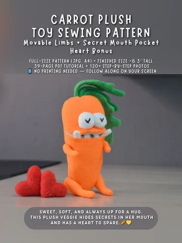 PDF Plush Carrot Pattern – Fleece Softie Toy with Pocket Mouth $11.00