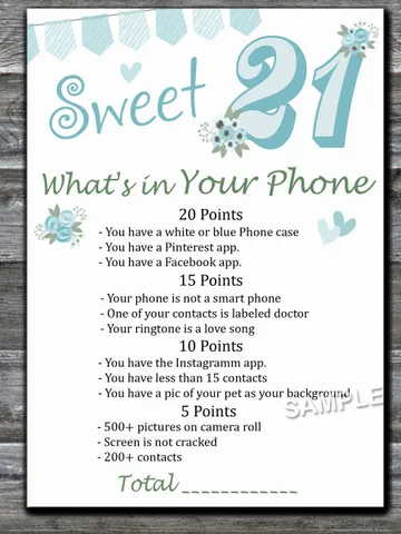 Sweet 21st What's in Your Phone Birthday Party Game,Adult Birthday party game -fun games for her-Instant download $1.50