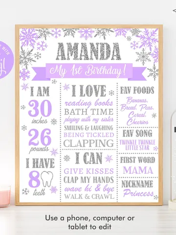 Winter Onederland 1st Birthday Sign, Winter Onederland Birthday Girl Decorations, Milestone Birthday Poster, Editable Template Digital File $11.00