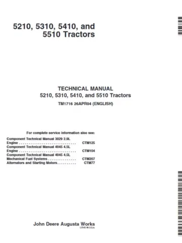 John Deere 5210 5310 5410 5510 Tractor Technical Repair Manual TM1716