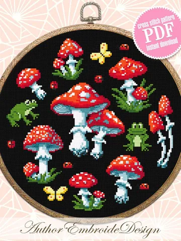 Mushroom sampler cross stitch pattern PDF download Amanita mushroom cross stitch chart, Mini frog cross stitch Mushroom pattern digital #L76 $5.60