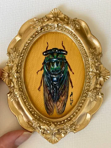 Framed Insect Oil Painting Original Entomology Art Cicada Painting Gold Frame Dark Academia $85.00