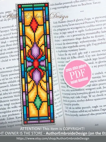 Stained glass bookmark cross stitch pattern PDF download Stained glass flower cross stitch chart, Modern bookmark pattern digital PDF #B296 $4.40