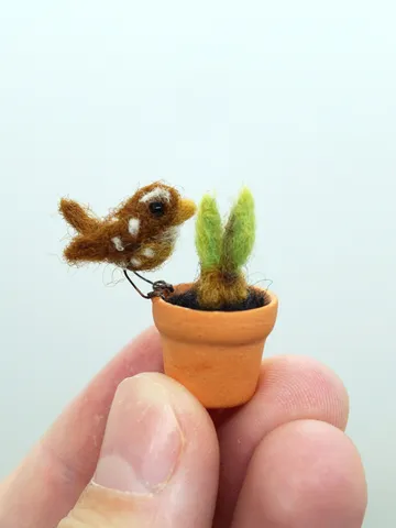 Tiny needle felted wren on a ceramic pot, miniature bird, made to order $35.00