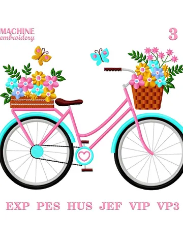 Bicycle embroidery design Machine embroidery pattern 3 size Bicycle with flowers embroidery files, Flower basket bike embroidery #R43 $4.10