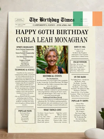 60th Birthday Newspaper Poster Born in 1965 Printable Birthday Decor Gift for Men or Women Personalized 60th Birthday Sign Ireland Edition $15.00