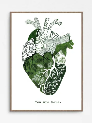 Watercolor print YOU ARE HERE, green heart illustration $27.00