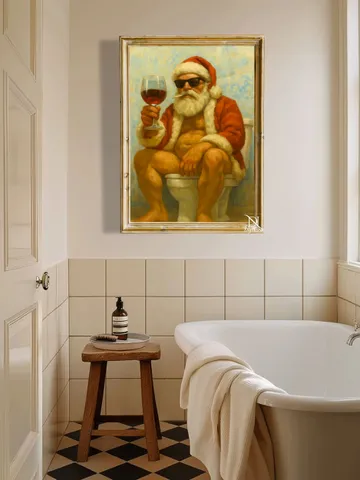 Funny Santa Bathroom Art, Christmas Toilet Poster, Holiday Humor Wall Art, Santa Drinking Wine Print, Quirky Xmas Decor, Digital Download $3.99