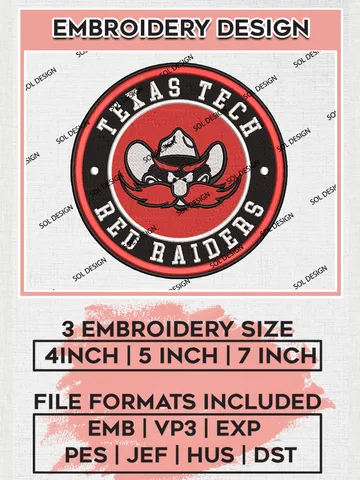 NCAA Texas Tech Red Raiders Round Logo Embroidery, NCAA Texas Tech Red Raiders Logo Embroidery files, NCAA Teams, Machine embroidery designs, Digital Download $6.99