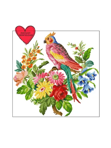 Vintage parrot on flower branch cross stitch pattern retro antique sampler primitive bird flower cross stitch embroidery $4.87