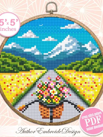 Bicycle with flowers cross stitch pattern PDF download Mountain landscape cross stitch chart Nature pattern digital, Flower basket bike #L13 $3.95