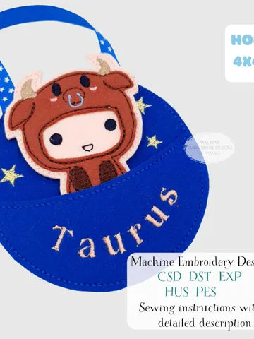ITH Taurus Zodiac Finger Puppet & Bag Embroidery Design, Bull Star Sign Toy, 4x4 Hoop Christmas Ornament File $6.00